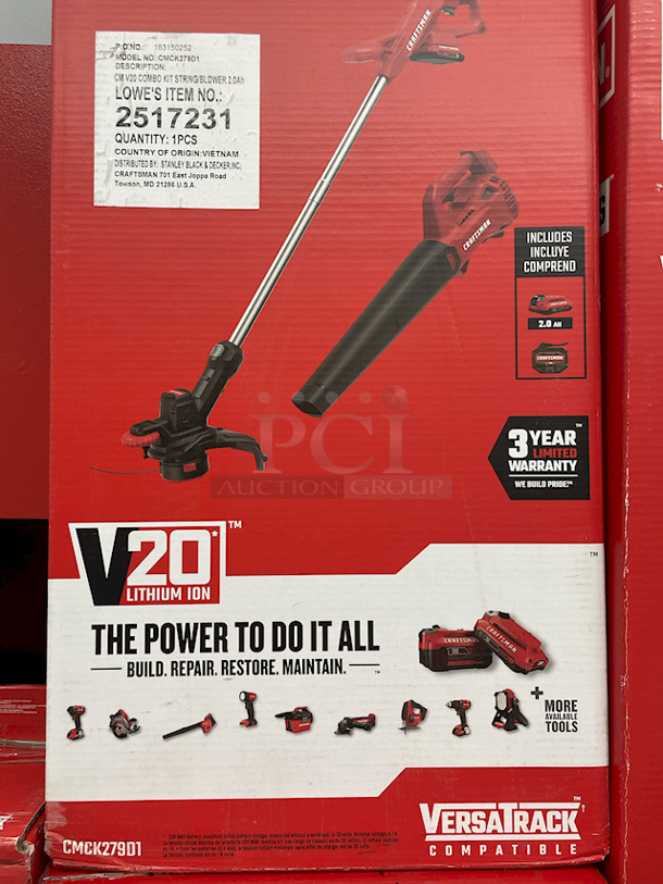 All New, All Craftsman – [1] CRAFTSMAN 2000 Series 37-in W x 24.5-in H 4-Drawer Steel Tool Chest (Red), [1] CMCL090B V20 Lithium-Ion LED Automotive Hood Light, [1] CRAFTSMAN V20 Brushless 2-Piece 20-Volt Max Cordless Power Equipment Combo Kit – 13” Weed Wacker, String Trimmer & Blower Combo Kit (With Battery & Charger), [3] Craftsman CMCK279D1 V20 Brushless Lithium-Ion 10” Cordless Weedwhacker, String Trimmer and, Blower Combo Kit (With Battery & Charger). 6x Your Bid - Image 11 of 12