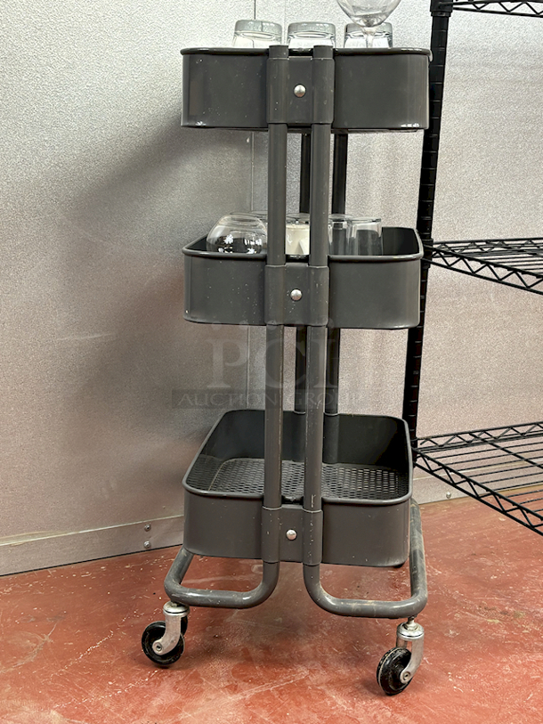 NICE!! 3 Shelf Rolling Cart Perfect For Glass Transport. Includes Glasses. - Image 5 of 7