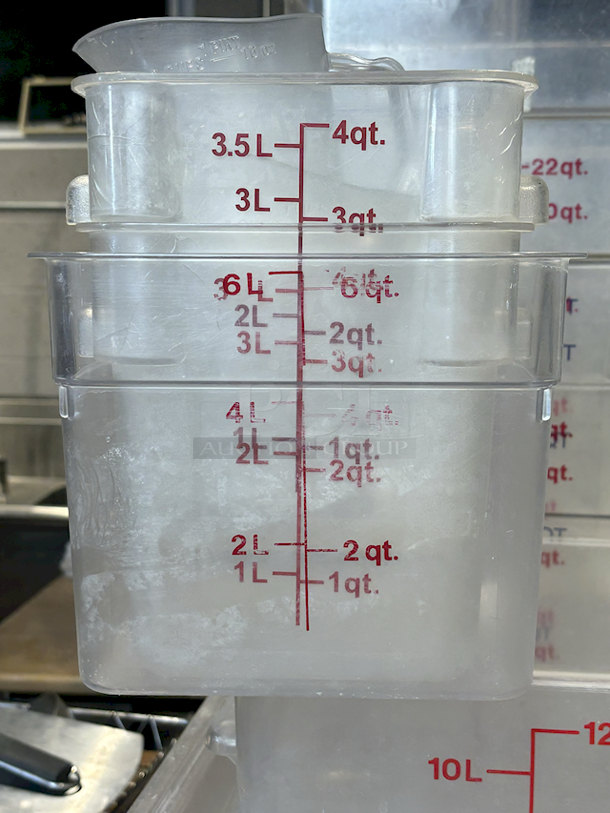 JACKPOT! 15 Piece Cambro Variety Lot (2) 18x26, (1) 12qt, (1) 6qt, (3) 4qt, (2) Measuring Cups (Pint & Quart), (4) 22qt Ingredient Storage Containers, (2) Full Size Pan Lids. 15x Your Bid - Image 4 of 6