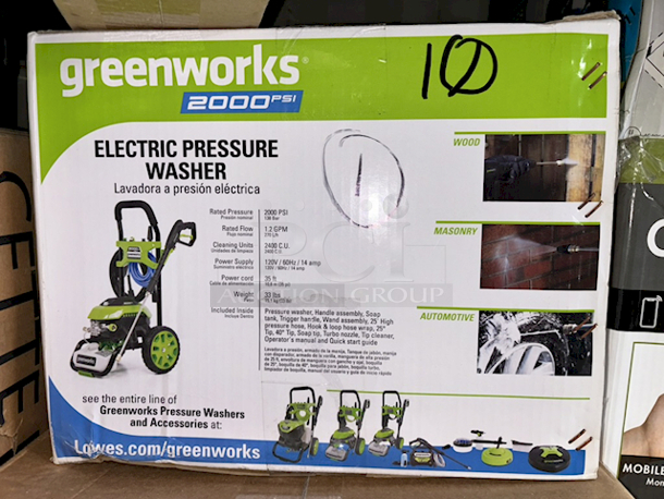 NEW IN THE BOX!! Greenworks 2000PSI Electric Pressure Washer. For Use With Wood, Masonry and Automotive. Includes: Pressure washer, Handle assembly, Soap tank, Trigger handle, Wand assembly, 25' High pressure hose, Hook & loop hose wrap, 25°
Tip, 40° Tip, Soap tip, Turbo nozzle, Tip cleaner, Operator's manual and Quick start guide - Image 2 of 12
