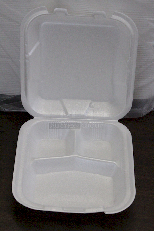 Single Use 3-Section To Go Food Containers W/ Hinged Lids, Medium, Heave Duty Foam.  - Image 3 of 3