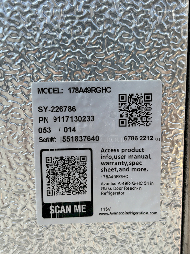 BRAND NEW SCRATCH & DENT! Avantco A-49R-G-HC 54" Glass Door Reach-In Refrigerator. 115v. Tested. Works Perfect. SN: 551837640.  Glass On Right Door Is Damaged. 54x32-3/16x82-1/2 - Image 7 of 9