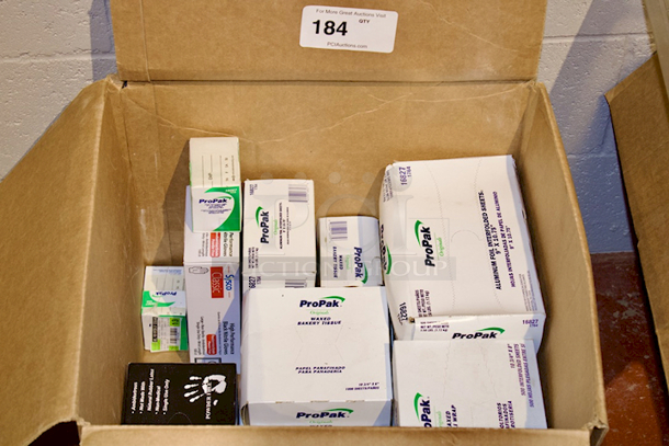 ALL-4-One Box Full Of Nitrile & Natural Rubber (powder free) Gloves and Boxes Of ProPak Dissolvable Shelf Life Labels (250 Count), Aluminum Foil Interlocked Sheets & Waxed Bakery Tissue. 9x Your Bid.  - Image 1 of 6