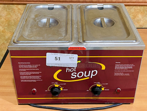 SWEET! Nemco 6130-Sub Countertop Food Warmer - Wet w/ (2) Pan Wells, 120v. 

Fractional Food Warmer, dual-well, accepts 1/3 size or (2) 1/6 size pans (not included), stamped water-fill line, independent thermostat controls per well, insulated exterior, stainless steel construction, 120v/60/1-ph, 1100 watts, 9.2 amps, NEMA 5-15P

17x16-1/4x10-1/2 - Image 1 of 6