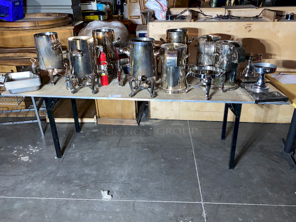 VERY NICE!! Table of Full of Buffet/Catering Polished Stainless Steel Drink Dispensers, Coffee Urns, 1/3 Pans. 

15x Your Bid

