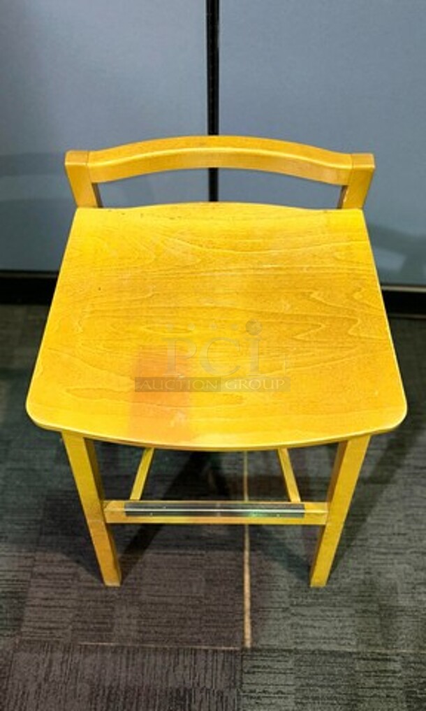 ALL ONE MONEY Set of four wooden stools. In good condition! Some scratches but sturdy pieces. No broken parts. 33” H x 18” W. - Image 1 of 3