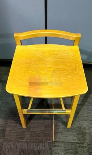 ALL ONE MONEY Set of four wooden stools. In good condition! Some scratches but sturdy pieces. No broken parts. 33” H x 18” W.