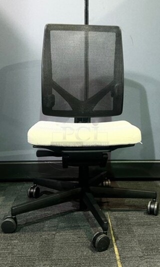 Adjustable AllSteel brand office chairs. No tears or rips, in good used condition! Off-white upholstered seat with a black mesh back and a black metal frame on wheels. Perfect for training rooms, large offices or anywhere that a larger number of matching seating would be preferred. Measure 38.5” H x 19” W.  BIDX10