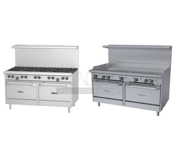BRAND NEW SCRATCH AND DENT! 2023 Garland G60-G60RR Stainless Steel Commercial Natural Gas Powered Flat Top Griddle w/ 10 Burner Griddle Option, 2 Ovens, Over Shelf and Back Splash. Gallery Picture Shows Both Options.