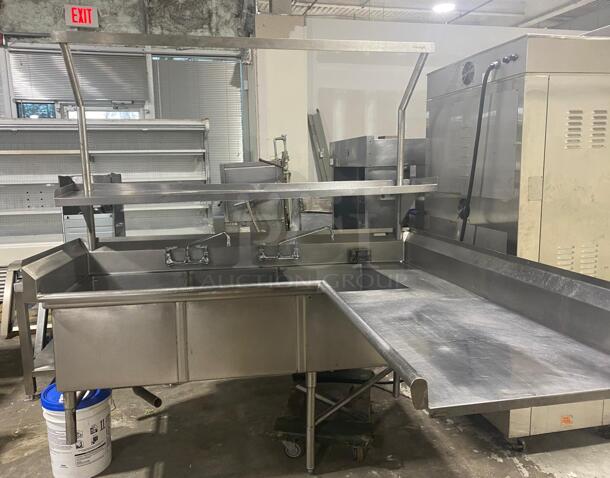 Stainless steel 3 compartment L shape sink complete with faucets  - Image 3 of 5