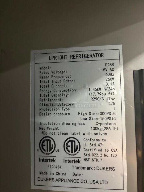 BRAND NEW Dukers D28R 27-1/2"W One Door Stainless Steel Bottom Mount Reach In Refrigerator - 18.31 Cu. Ft
 - Image 6 of 6