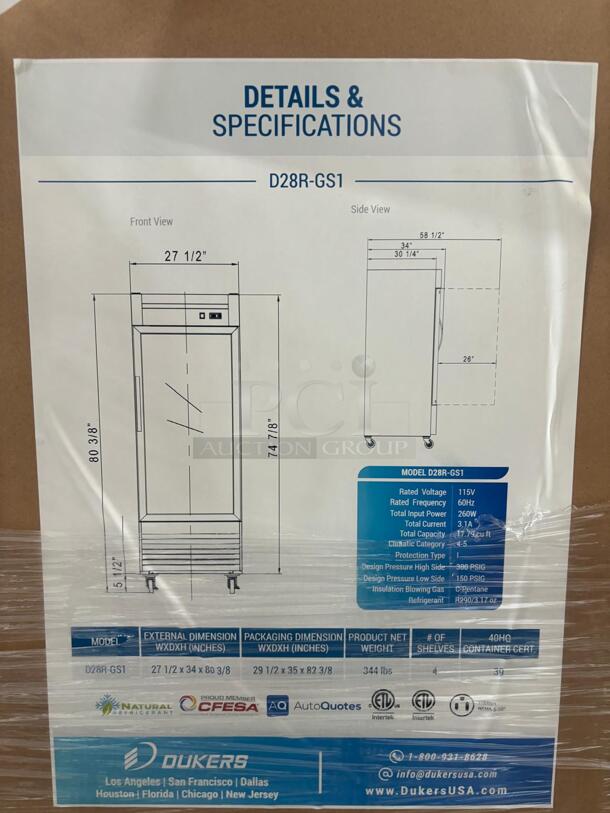 Dukers Appliance Co D28AG 28" One Section Reach-In Refrigerator w/ FULL GLASS DOOR, Top Mount, Stainless Steel, 18 cu. ft.
 - Image 2 of 4