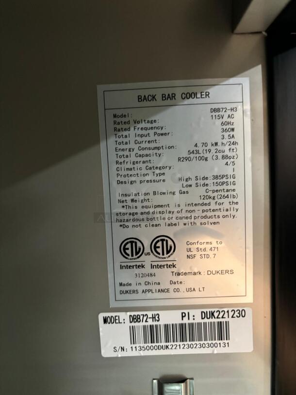 Brand New scratch & dent Dukers DBB72-H3 3-Door Bar and Beverage Cooler (Hinge Doors)
 - Image 3 of 5