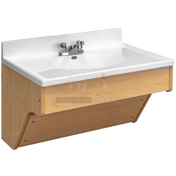 BRAND NEW SCRATCH & DENT! BOTH ARE IN BOXES!! Lancaster Table & Seating Excalibur 27 1/2" x 47 3/16" Rectangular Table Top with Textured Mixed Plank Finish & Tot Mate TM8360R.S2222 Maple Single Laminate Wall Vanity - 31" x 21" x 21 1/2"; Unassembled
 - Image 3 of 3