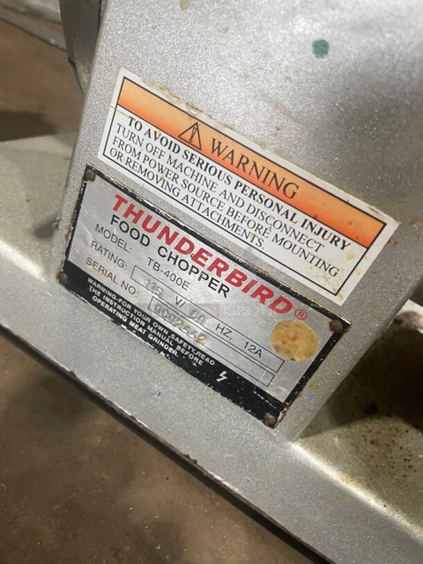 Thunderbird Commercial Countertop Heavy Duty Met Grinder/Food Chopper! All Stainless Steel! With Attachments! Model TB400E Serial 0602442! 115V! WORKING WHEN REMOVED! - Image 7 of 9