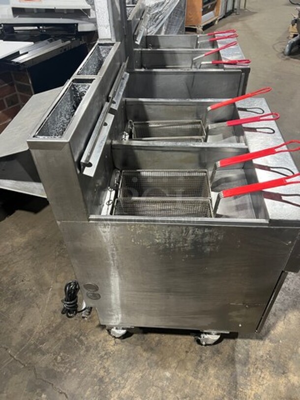 FAB! Pitco Frialator Commercial Natural Gas Powered 4 Bay Deep Fat Fryer! With Middle Fryer Basket Rack! All Stainless Steel! On Casters! Model: SGH50 SN: G13JE049283! Working When Removed!  - Image 8 of 12