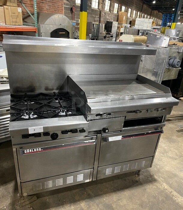 Garland Stainless Steel Commercial Gas Powered 4 Burner Range w/ Right Side 36 Inch Flat Top Griddle! With Cheese Melter! 2 Full Size Ovens! On Casters!