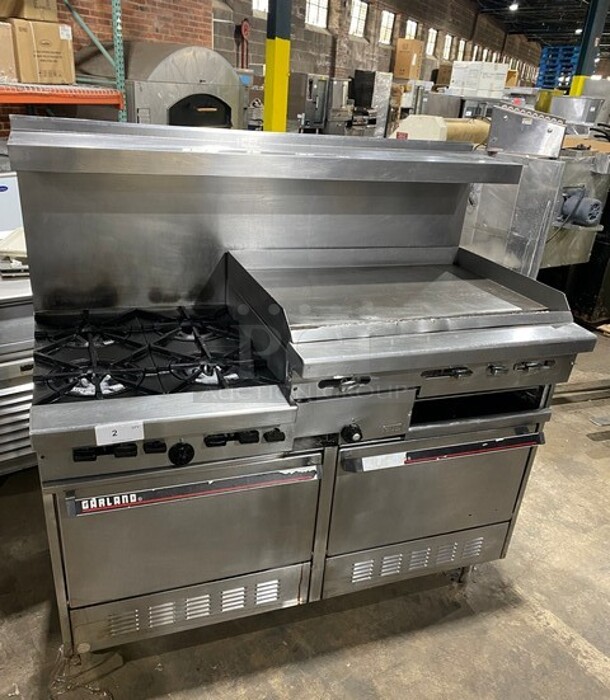 Garland Stainless Steel Commercial Gas Powered 4 Burner Range w/ Right Side 36 Inch Flat Top Griddle! With Cheese Melter! 2 Full Size Ovens! On Casters! - Image 1 of 12