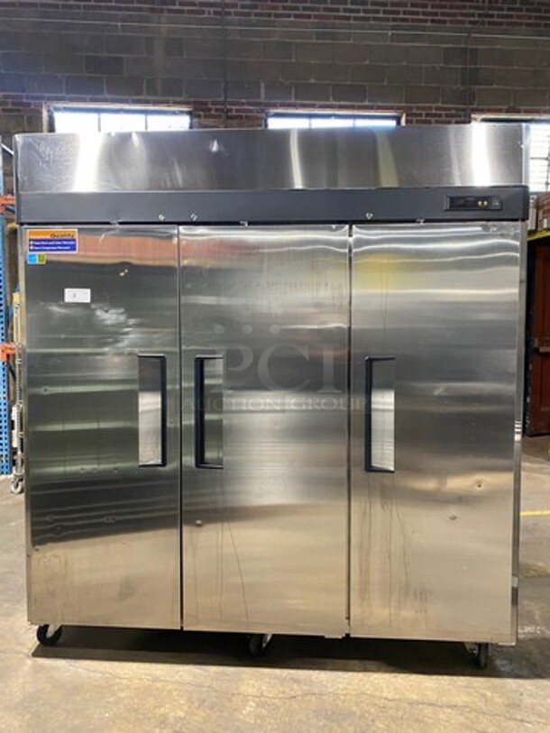COOL! Turbo Air Commercial 3 Door Reach In Cooler! Poly Coated Racks! All Stainless Steel! On Casters! Model:M3F723 SN: M3F7L85018 115/208/230V 60HZ 1 Phase! Working When Removed!