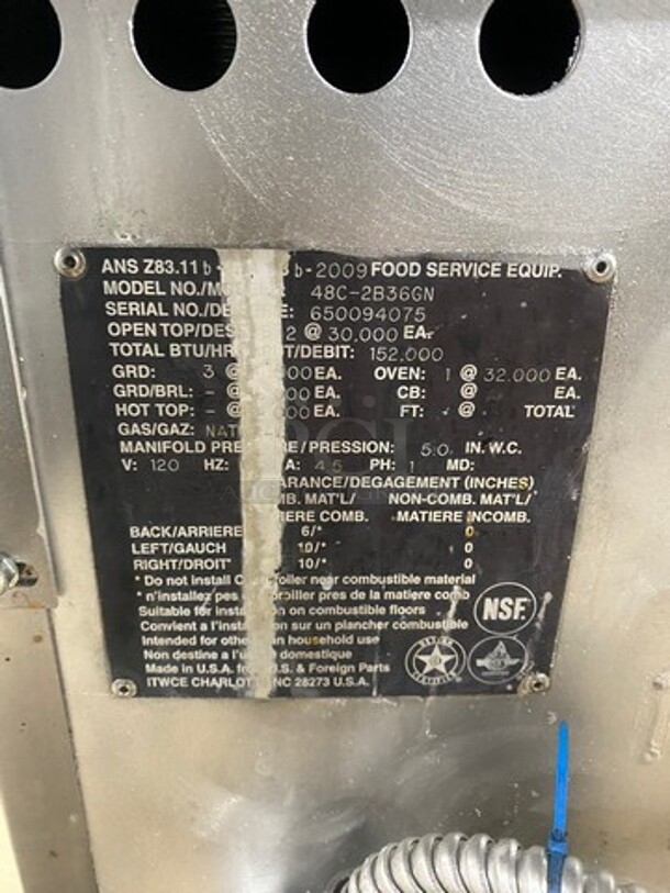 WOW! Vulcan Commercial Natural Gas Powered Flat Top Griddle With 2 Burner! Flat Griddle Has Side Splashes! With Raised Back Splash And Salamander Shelf! With Oven Underneath! All Stainless Steel! On Casters! Model: 48C2B36GN SN: 650094075 - Image 6 of 8