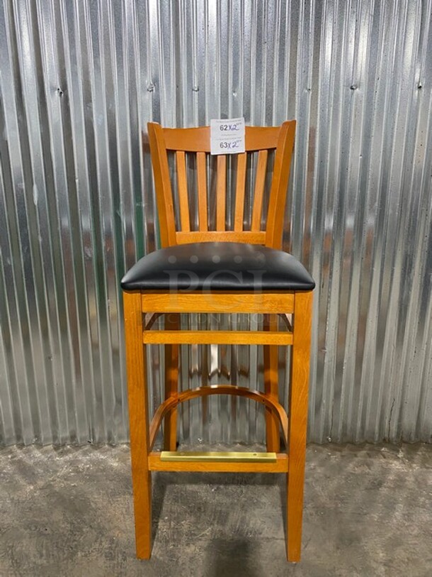 NICE!  NEW! Premium Us Made Vertical Slat Wood Bar Stool! With Black Vinyl Seat! 2x Your Bid!