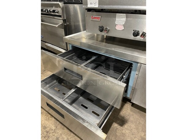 WOW! Lang Natural Gas Powered Heavy Duty Commercial Mirror Shine/Polished Top 48 Inch Thermostatic Controlled Flat Top Griddle! On Two Drawer 60 Inch Refrigerated Chef Base! On Casters! 2 X Your Bid! - Image 7 of 11