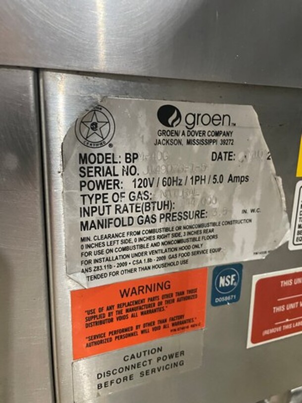 WOW! Groen Natural Gas Powered ECLIPSE SERIES Tilted Braising Pan/Tilt Skillet! All Stainless Steel! Thermostatic Controlled! ModelWOW! Groen Natural Gas Powered ECLIPSE SERIES Tilted Braising Pan/Tilt Skillet! All Stainless Steel! Thermostatic Controlled! Model BPM40G Serial J14907615! On Legs! On Legs! - Image 8 of 9