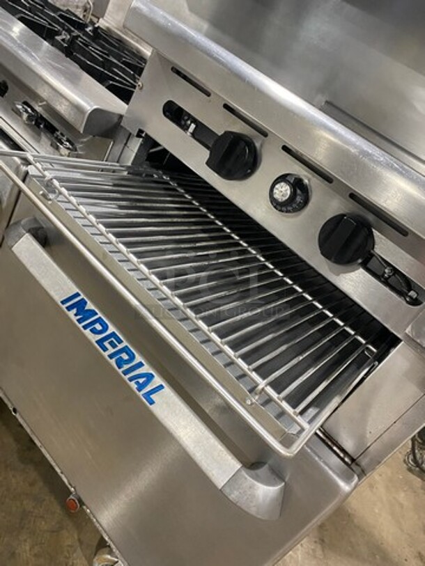 Imperial Commercial Natural Gas Powered 6 Burner Stove With Right Side Flat Griddle! Griddle Has Side Splashes! With Raised Back Splash And Salamander Shelf! With 2 Oven Underneath! Metal Oven Racks! All Stainless Steel! On Casters! - Image 9 of 11