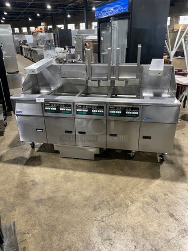 AMAZING FIND! Pitco Frialator Commercial Natural Gas Powered 3 Bay Deep Fat Fryer! With Dual Side Dump Station! With Side Splashes! With Oil Filter System! All Stainless Steel! On Casters! Model: SG14JS SN: G06KC044880