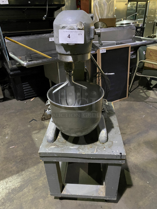 Hobart Commercial Heavy-Duty 20Qt Mixer! With Paddle, Whisk And Hook Attachments! With Stainless Steel Mixing Bowl! All Stainless Steel! Attached To Wooden Table! On Casters! Model: A200 SN: 1215473 115V 60HZ