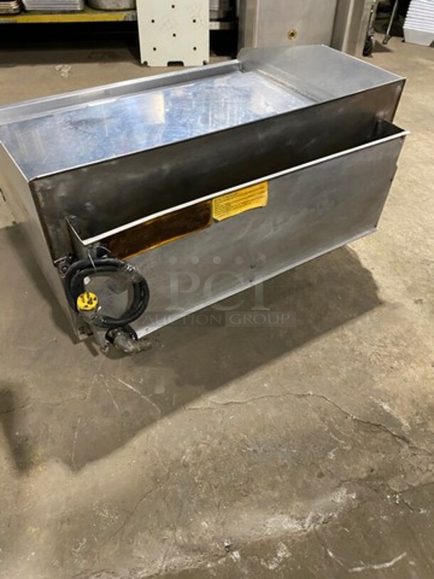 Lang Commercial Countertop Natural Gas Powered Mirror Shine Polish Top Flat Top Griddle! With Back And Side Splashes! All Stainless Steel! On Small Legs! Working When Removed!
 - Image 3 of 8