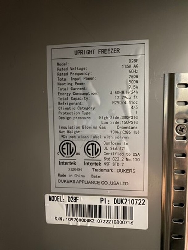 SWEET! NEW! SCRATCH-N-DENT! Dukers Commercial Single Door Reach In Freezer! Poly Coated Racks! All Stainless Steel! On Casters! POWERS ON, DOES NOT GO DOWN TO TEMPETURE! Model: D28F SN: 1097000DUK210722210800716 115V - Image 7 of 10