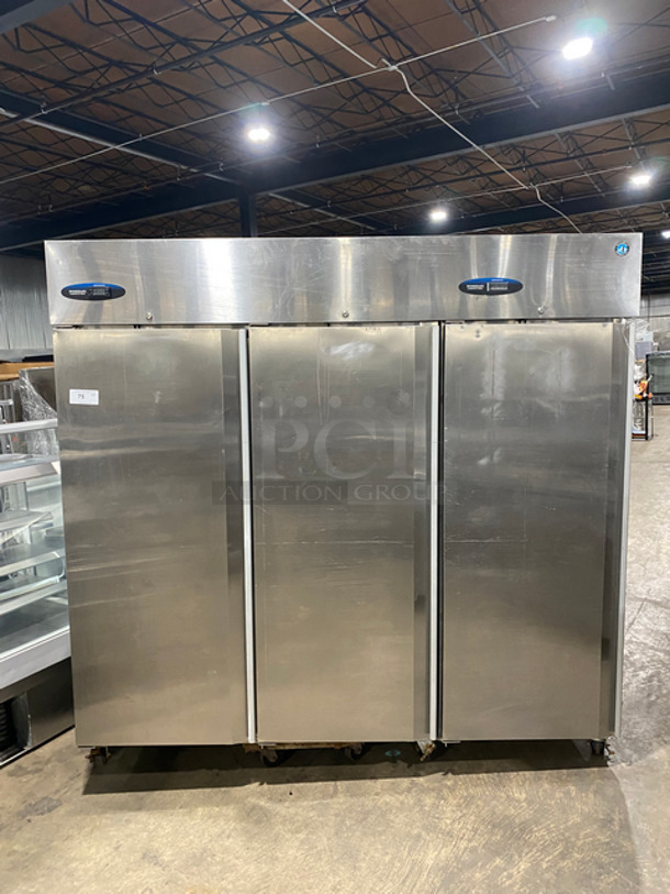 NICE! Hoshizaki Commercial 3 Door Reach In Refrigerator! With Poly Coated Racks! Solid Stainless Steel! On Casters! Model: CR3SFSCL SN: F70011J 115V 60HZ 1 Phase