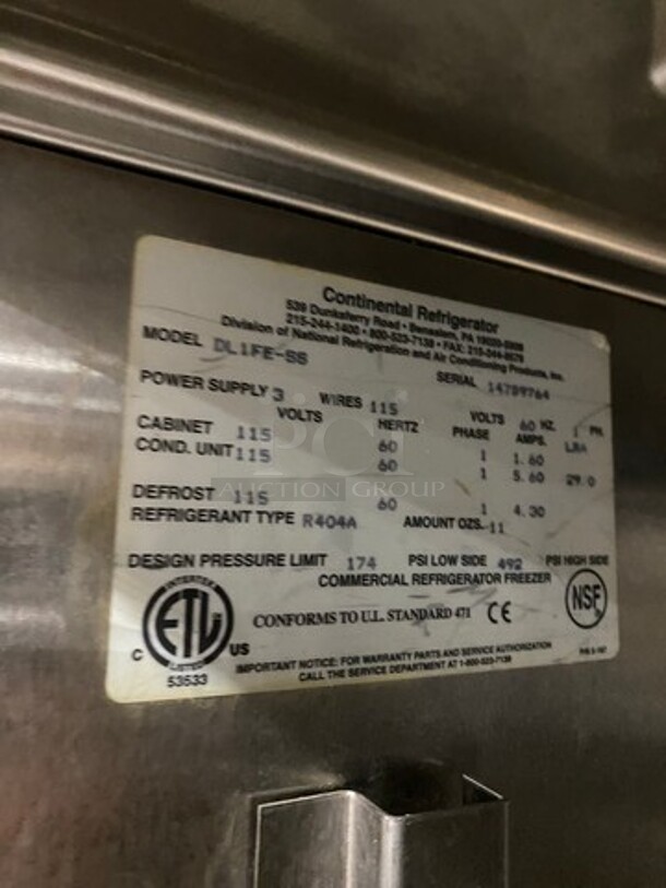 Continental Commercial Single Door Reach In Freezer! All Stainless Steel! On Legs! Model: DL1FESS SN: 14789764 115V 60HZ 1 Phase - Image 7 of 9