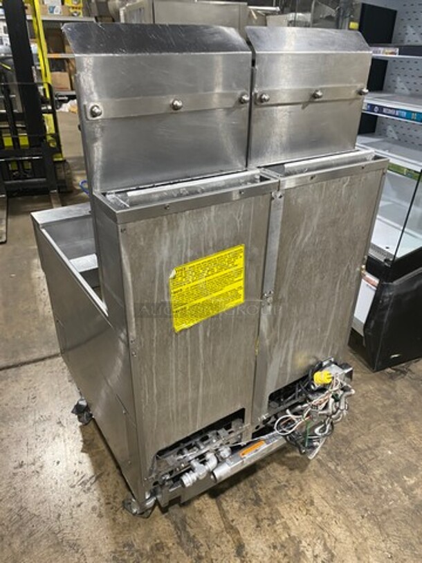 DON'T MISS OUT! AMAZING! Pitco Frialator Stainless Steel Commercial Natural Gas Powered 2 Bay Deep Fat Fryer w/2 Metal Fry Baskets! Oil filter System. On Commercial Casters! MODEL SSH55 Serial G18CE021564.  - Image 4 of 10