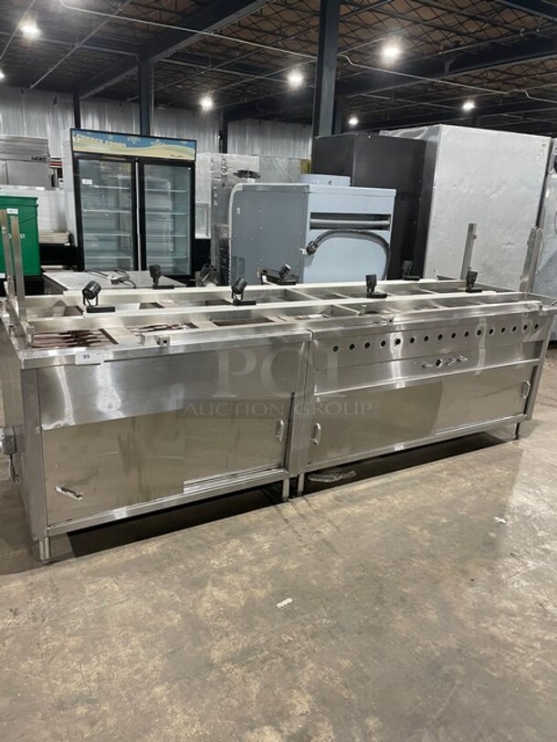 AMAZING! Custom Natural Gas Powered Island Style Steam Table! With Refrigerated Island Style Salad Bar Display Unit! All Stainless Steel! With Sneeze Guard Frame Build Out! With Enclosed Storage Underneath! On Legs! All One Money!  - Image 2 of 7