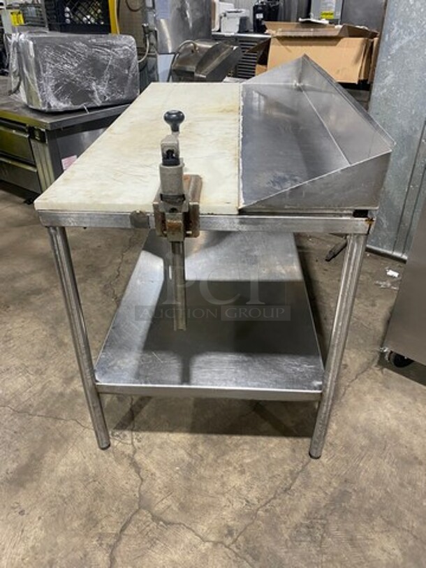 NICE! Solid Stainless Steel Work Top/ Prep Table! With Commercial Cutting Board! With Back Splash! With Mounted Can Opener! With Storage Space Underneath! On Legs! - Image 2 of 9