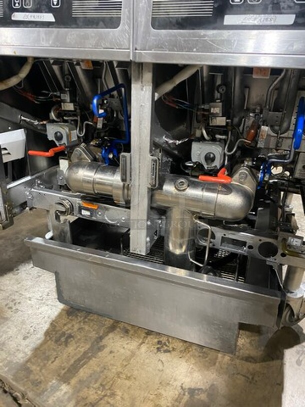 DON'T MISS OUT! AMAZING! Pitco Frialator Stainless Steel Commercial Natural Gas Powered 2 Bay Deep Fat Fryer w/2 Metal Fry Baskets! Oil filter System. On Commercial Casters! MODEL SSH55 Serial G18CE021564.  - Image 7 of 10