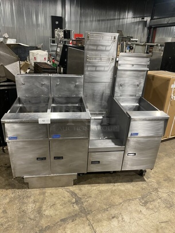 FAB! Pitco Frialator Commercial Natural Gas Powered 3 Bay Deep Fat Fryer! With Middle Fryer Basket Rack! With Oil Filter System! All Stainless Steel! On Casters! Model: SGH50 SN: G09DC011392