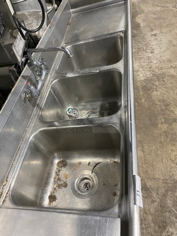 Commercial 3 Compartment Dish Washing Sink! With Dual Side Drain Board! With Faucet And Handles! With Back Splash! All Stainless Steel! With Legs! - Image 4 of 8