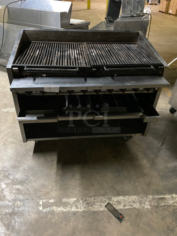 Magi Kitch'n Commercial Natural Gas Powered Char Broiler Grill! With Underneath Storage Space! With Back & Side Splashes! All Stainless Steel! On Casters! Model: FM648 SN: G11JD041755
