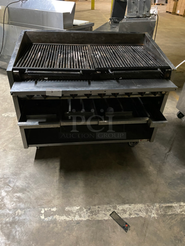 Magi Kitch'n Commercial Natural Gas Powered Char Broiler Grill! With Underneath Storage Space! With Back & Side Splashes! All Stainless Steel! On Casters! Model: FM648 SN: G11JD041755 - Image 1 of 8