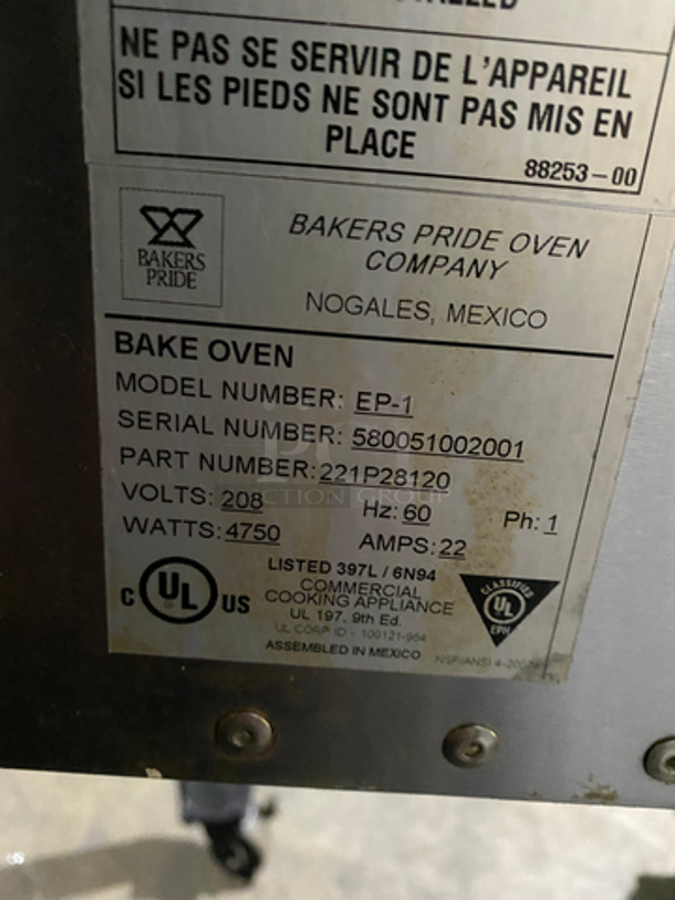 NICE! Bakers Pride Commercial Electric Powered Double Pizza Oven! All Stainless Steel! On Casters! Model: EP-1 SN: 580051002001 208V 60HZ 1 Phase - Image 9 of 10