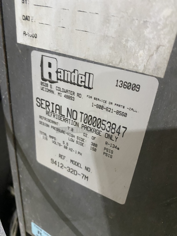 Randell Refrigerated 2 Drawer Bain Marie/Sandwich Prep Table! Model 9412-32D-7M Serial T000053847! 115V 1 Phase! On Casters!  - Image 8 of 9