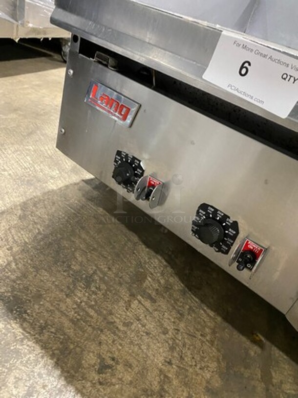AWESOME!  LATE MODEL! LANG Commercial Countertop Natural Gas Powered Thermostatic Controlled Mirror Shine 60 Inch Flat Top Griddle! With Back And Side Splashes! All Stainless Steel! - Image 8 of 10