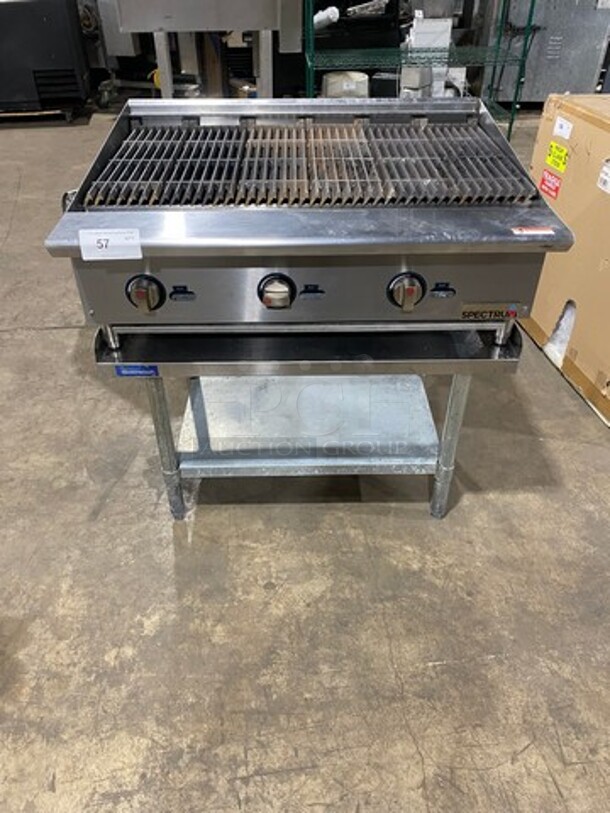 LATE MODEL! 2021 Spectrum Commercial Countertop Natural Gas Powered Char Broiler Grill! With Back And Side Splashes! On Small Legs! On Equipment Stand! With Storage Space Underneath! All Stainless Steel! On Legs! Model: NGCB36R SN: NGCB365040001116