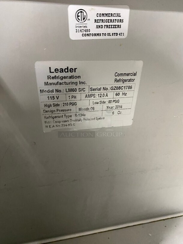 Leader Commercial Refrigerated Bain Marie Sandwich Prep Table! With 2 Door Underneath Storage Space! With Commercial Cutting Board! All Stainless Steel! On Casters! MODEL LM60SC SN:GZ08C1786 115V 1PH - Image 7 of 9