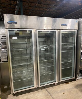 Hoshizaki Commercial 3 Door Reach In Cooler Merchandiser! With View Through Doors! Poly Coated Racks! All Stainless Steel Body! Model: CR3SFGYCR SN: F60047C 115V 60HZ 1 Phase