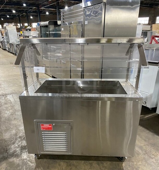 Low Temp Commercial Refrigerated Food Serving Station Counter/ Cold Pan! With Sneeze Guard! Stainless Steel Body! On Casters! Model: 50CFMX SN: L10C33214L 120V 60HZ 1 Phase - Item #1113791
