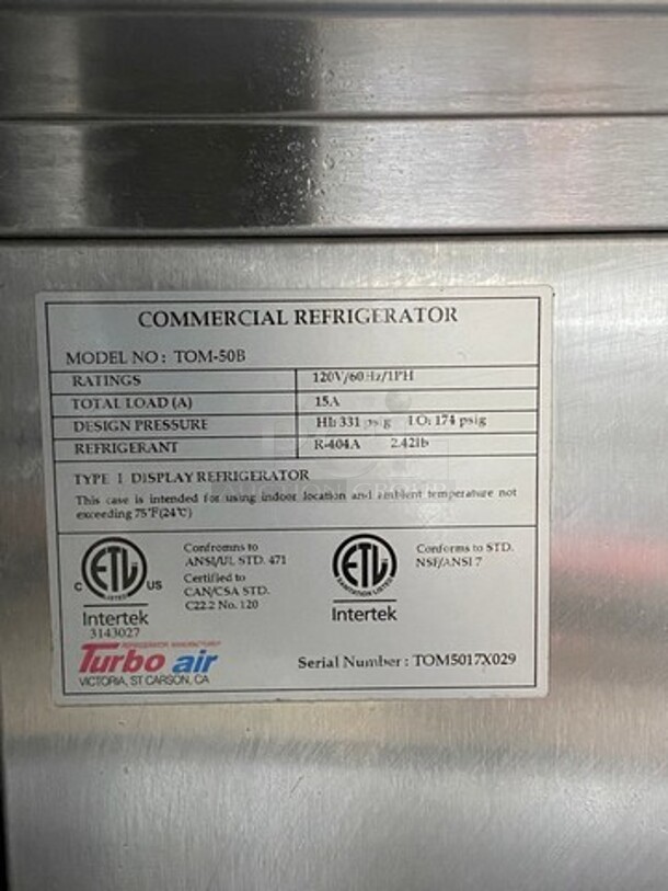 Turbo Air Commercial Refrigerated Open Grab-N-Go Case Merchandiser! With View Through Sides! With Front Cover! All Stainless Steel! Model: TOM50B SN: TOM5017X029 120V 60HZ 1 Phase - Image 6 of 7